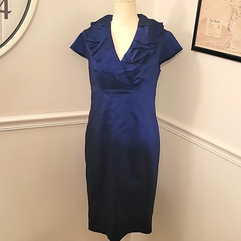 Navy Ruffled V-Neck Sheath Dress - Picture 3 of 6